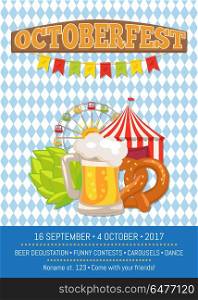 Octoberfest Oktoberfest Promotional Poster Vector. Octoberfest or Oktoberfest promotional poster with checkered backdrop. Glass of beer, traditional bakery, attraction tents and beers symbol hop.