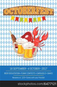 Octoberfest Oktoberfest Promotional Poster Vector. Octoberfest or Oktoberfest promotional poster with checkered backdrop. Vector illustration of lobster, fried fish, slice of meat and two full beer mugs