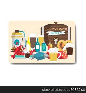 Octoberfest party flyer. Still life of food and beverages. Beer mugs, bottles, barrel, sausages, ham, snack. Vector flat cartoon illustration