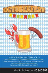 Octoberfest Poster Depicting Beer Mug and Food. Octoberfest poster with chess pattern background. Isolated vector illustration of full beer, cooked lobster and fried sausage on carving knife