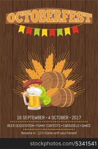 Octoberfest Poster with Barrels, Food and Beer. Octoberfest poster. Isolated vector illustration of wooden barrels, ripe wheat ears, fried sausage on carving knife, green cabbage and frothy beer mug
