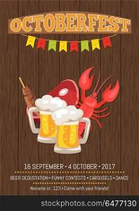 Octoberfest Poster with Dark Wooden Background. Octoberfest promotional poster with dark wooden backdrop. Vector illustration of lobster, fried fish, slice of meat and two full beer mugs