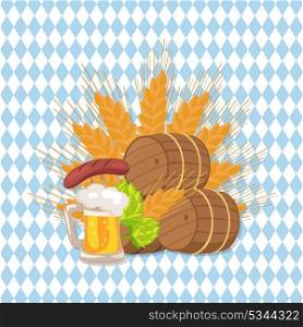 Octoberfest Poster with Wooden Background and Text. Isolated vector illustration of wooden casks, beer mug, fried sausage, green hop and wheat earon checkered background, Oktoberfest or Octoberfest