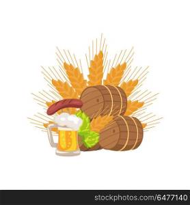 Octoberfest Poster with Wooden Background and Text. Isolated vector illustration of wooden casks, beer mug, fried sausage, green hop and wheat ear on white background, Oktoberfest or Octoberfest