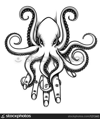 Octopus baby sitting on human hand. Vector illustration in tattoo style.