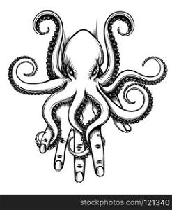 Octopus baby sitting on human hand. Vector illustration in tattoo style.