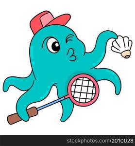 octopus exercising holding racket and shuttlecock to play badminton