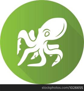 Octopus green flat design long shadow glyph icon. Swimming underwater animal with eight tentacles. Seafood restaurant. Marine creature. Aquatic invertebrate mollusk. Vector silhouette illustration