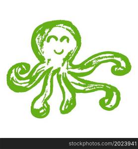 Octopus. Icon in hand draw style. Drawing with wax crayons, colored chalk, children&rsquo;s creativity. Vector illustration. Sign, symbol, pin, sticker. Icon in hand draw style. Drawing with wax crayons, children&rsquo;s creativity