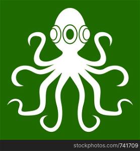 Octopus icon white isolated on green background. Vector illustration. Octopus, icon green