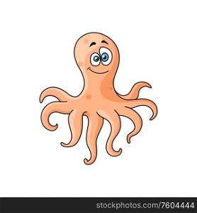 Octopus isolated cartoon character with big head. Vector marine cuttlefish with tentacles. Pink octopus in cartoon style isolated creature