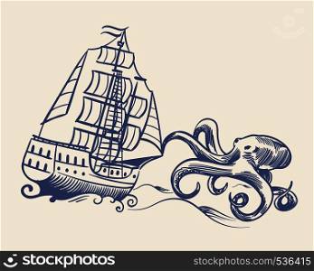 Octopus monster. Sketch sailboat vintage medieval pirate ship run away from kraken and waves nautical travel vector floating vessel ancient concept. Octopus monster. Sketch sailboat vintage medieval pirate ship run away from kraken and waves nautical travel vector illustration