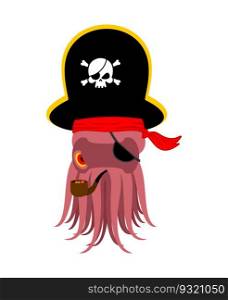 Octopus pirate. poulpe buccaneer. Eye patch and smoking pipe. pirates cap. Bones and Skull. See animal filibuster
