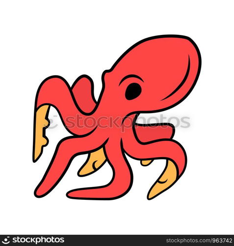 Octopus red color icon. Swimming underwater animal with eight tentacles. Seafood restaurant menu. Floating marine creature. Aquatic invertebrate mollusk. Isolated vector illustration