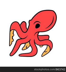 Octopus red color icon. Swimming underwater animal with eight tentacles. Seafood restaurant menu. Floating marine creature. Aquatic invertebrate mollusk. Isolated vector illustration