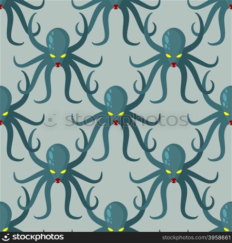 Octopus seamless pattern. Vector background green kraken. Retro fabric texture Cthulhu. Dreaded clam monster with tentacles&#xA;