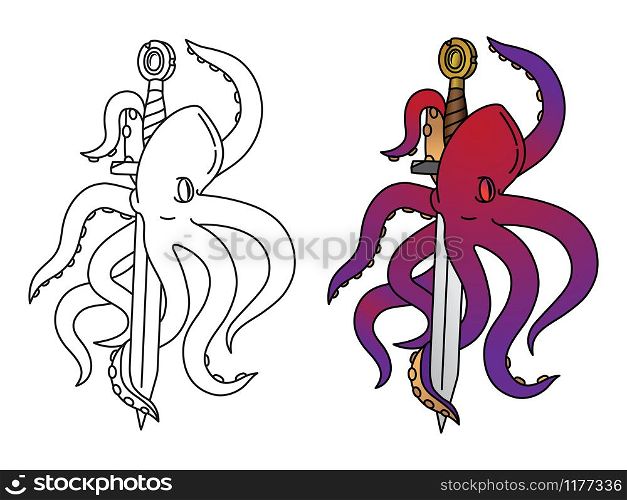 Octopus vector illustration. Coloring octopus with colorful sample. Coloring octopus with sample