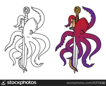 Octopus vector illustration. Coloring octopus with colorful sample. Coloring octopus with sample