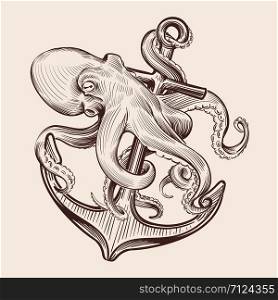 Octopus with anchor. Sketch sea kraken squid holding ship anchor. Octopus navy tattoo vector vintage design. Illustration of octopus and anchor, mythical animal and hook. Octopus with anchor. Sketch sea kraken squid holding ship anchor. Octopus navy tattoo vector vintage design