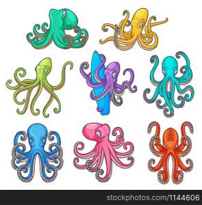 Octopus with curved tentacles, vector ocean or sea cartoon monsters. Cute marine animals with colorful arms and suckers holding surfboard, underwater wildlife. Cartoon colorful octopuses with tentacles