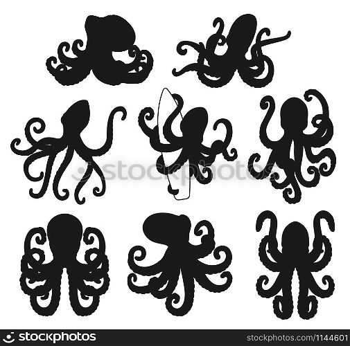Octopus with curved tentacles vectorblack silhouettes. Marine animals with arms and suckers holding surfboard, underwater wildlife. Octopus black silhouettes with tentacles