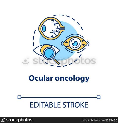 Ocular oncology concept icon. Eye neoplasm diagnosis and treatment. Structure, functioning of eye. Ophthalmology idea thin line illustration. Vector isolated outline RGB color drawing. Editable stroke
