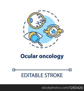 Ocular oncology concept icon. Eye neoplasm diagnosis and treatment. Structure, functioning of eye. Ophthalmology idea thin line illustration. Vector isolated outline RGB color drawing. Editable stroke