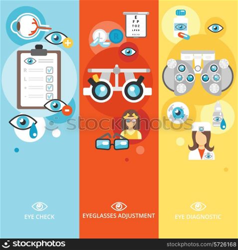 Oculist flat banner vertical set with eye check diagnostics eyeglasses adjustment isolated vector illustration