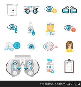Oculist flat icons set with eye glasses lenses eyeball isolated vector illustration