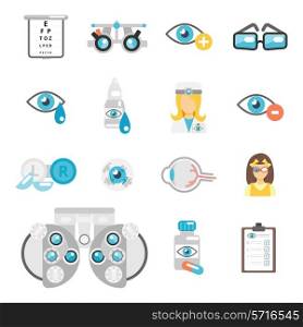 Oculist flat icons set with eye glasses lenses eyeball isolated vector illustration