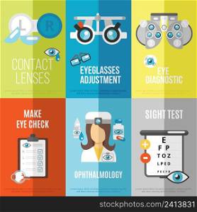 Oculist mini poster set with ophthalmology sight test eyeglasses adjustment isolated vector illustration