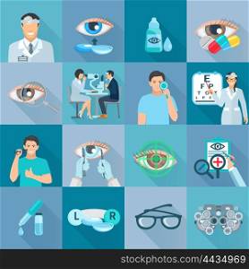 Oculist Ophthalmologist Flat Icons Set. Ophthalmologist clinical treatments tests and vision correction flat icons collection with glasses abstract shadow isolated vector illustration