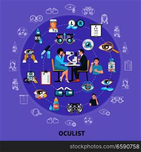 Oculist symbols flat circle composition poster with diagnostic center eye examination instruments treatments contact lenses vector illustration . Oculist Circle Symbols Composition