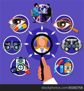 Oculist symbols flat round icons circle composition with optometrist vision test eye drops contact lenses vector illustration . Oculist Icons Circle Composition 