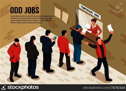 Odd jobs isometric background with group of male characters standing in queue for temporary work vector illustration