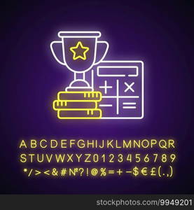 Odds calculator neon light icon. Betting converter. Wagers profit. Calculating winnings. Outer glowing effect. Sign with alphabet, numbers and symbols. Vector isolated RGB color illustration. Odds calculator neon light icon