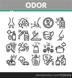 Odor Aroma And Smell Collection Icons Set Vector. Nose Breathing Aromatic Odor And Clean Air, Perfume And Oil Bottle, Facial Mask And Candle Concept Linear Pictograms. Monochrome Contour Illustrations. Odor Aroma And Smell Collection Icons Set Vector
