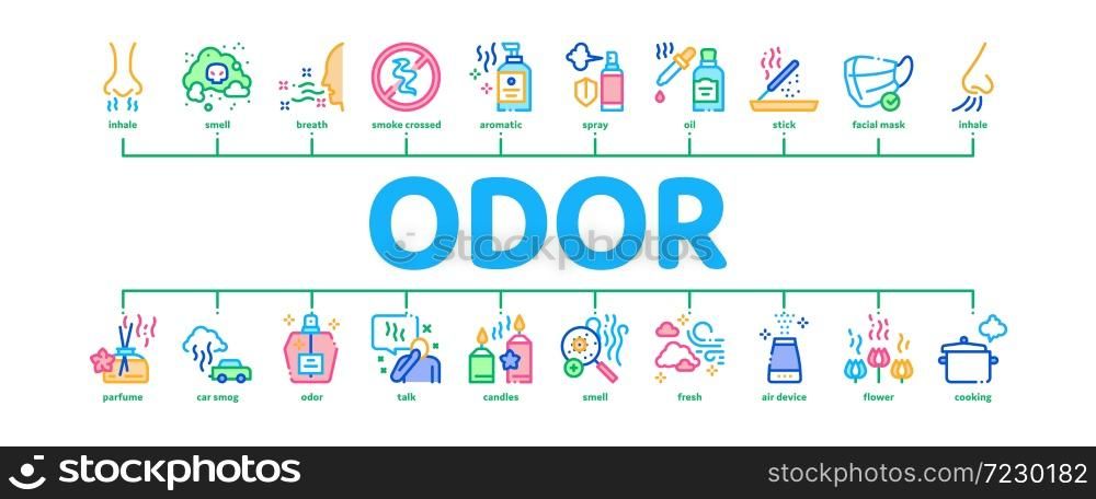 Odor Aroma And Smell Minimal Infographic Web Banner Vector. Nose Breathing Aromatic Odor And Clean Air, Perfume And Oil Bottle, Facial Mask And Candle Illustration. Odor Aroma And Smell Minimal Infographic Banner Vector