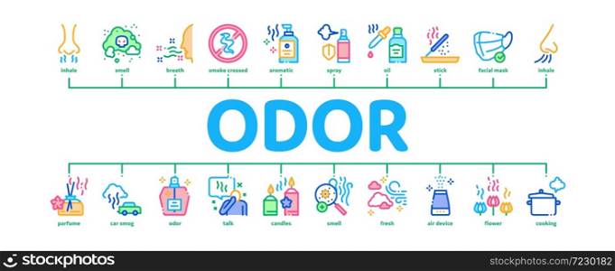 Odor Aroma And Smell Minimal Infographic Web Banner Vector. Nose Breathing Aromatic Odor And Clean Air, Perfume And Oil Bottle, Facial Mask And Candle Illustration. Odor Aroma And Smell Minimal Infographic Banner Vector
