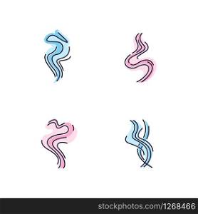 Odor blue and pink RGB color icons set. Good smell. Fluid, nice perfume scent. Aromatic fragrance flowing curves. Smoke puff, hot steam curls, fume swirls. Isolated vector illustrations