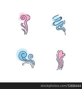 Odor blue and pink RGB color icons set. Good smell. Wind swirl, nice perfume scent. Aromatic fragrance flow with heart shape. Smoke puff, steam curls. Isolated vector illustrations