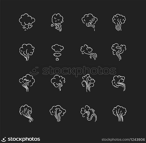 Odor chalk white icons set on black background. Emission, evaporation. Smell from hookah. Aroma from cannabis. Cigarette stream. Stink, fog. Isolated vector chalkboard illustrations