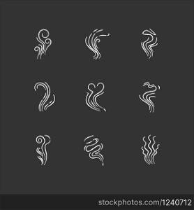 Odor chalk white icons set on black background. Good and bad smell. Heart shape nice odour, fluid, perfume scent. Aromatic fragrance. Smog stream. Isolated vector chalkboard illustrations