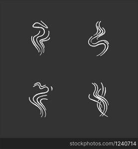 Odor chalk white icons set on black background. Good smell. Fluid, nice perfume scent. Aromatic fragrance flowing curves. Smoke puff, hot steam curls. Isolated vector chalkboard illustrations