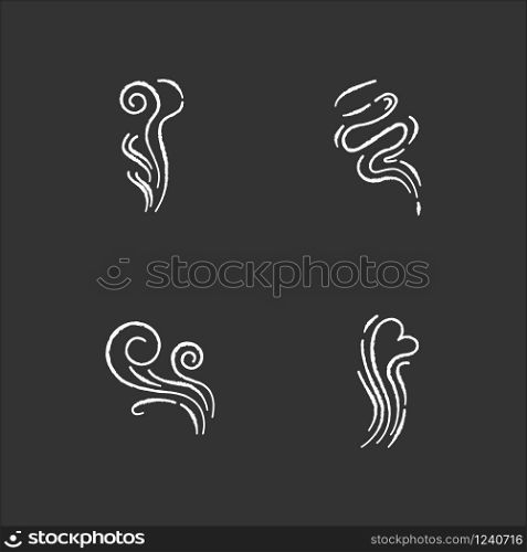 Odor chalk white icons set on black background. Good smell. Wind swirl, nice perfume scent. Aromatic fragrance flow with heart shape. Smoke puff, steam curls. Isolated vector chalkboard illustrations