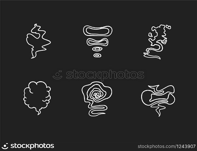 Odor chalk white icons set on black background. Smell from hookah. Aroma from cannabis. Cigarette stream. Bad scent. Hot mist. Incense, stench. Isolated vector chalkboard illustrations