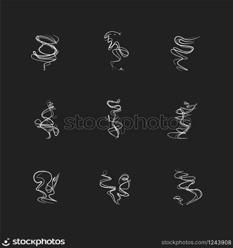 Odor chalk white icons set on black background. Wave of fragrance. Smell from hookah. Aroma from smoking cannabis. Cigarette stream. Stink, fog. Isolated vector chalkboard illustrations