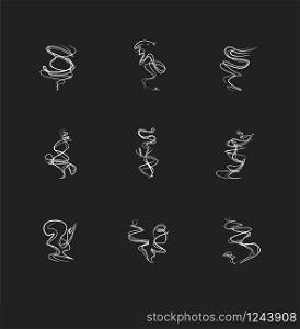 Odor chalk white icons set on black background. Wave of fragrance. Smell from hookah. Aroma from smoking cannabis. Cigarette stream. Stink, fog. Isolated vector chalkboard illustrations