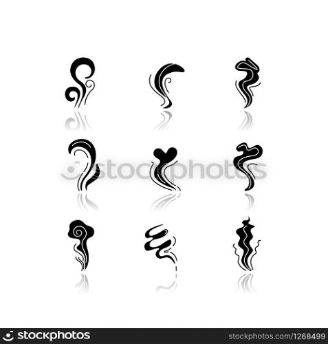 Odor drop shadow black glyph icons set. Good and bad smell. Heart shape nice odour, fluid, perfume scent. Aromatic fragrance. Smog stream, fume swirls. Isolated vector illustrations on white space