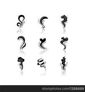 Odor drop shadow black glyph icons set. Good and bad smell. Heart shape nice odour, fluid, perfume scent. Aromatic fragrance. Smog stream, fume swirls. Isolated vector illustrations on white space